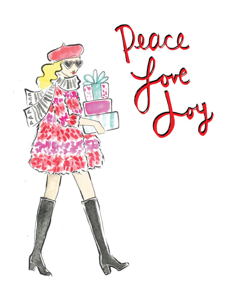 Pre-Order Holiday Card - Peace, Love, Joy. Carrying Christmas Presents