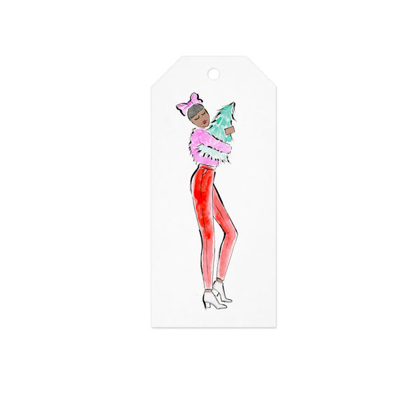 Pink + Red Carrying Christmas Tree Girl Gift Tag