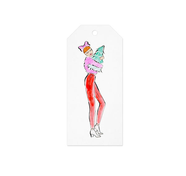 Pink + Red Carrying Christmas Tree Girl Gift Tag