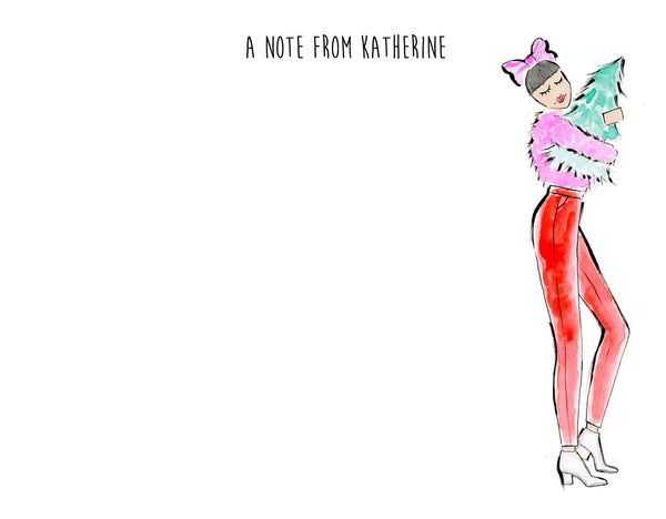 Pink+ Red Carrying Christmas Tree Girl Personalized Stationery