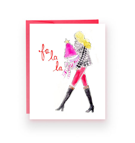 Carrying Christmas Tree "Fa La La" Holiday Card (Ready to Ship)