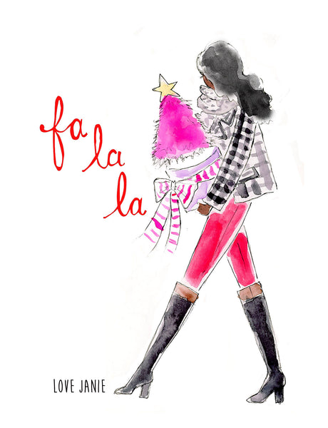 Christmas Card - Carrying Christmas Tree "Fa La La"