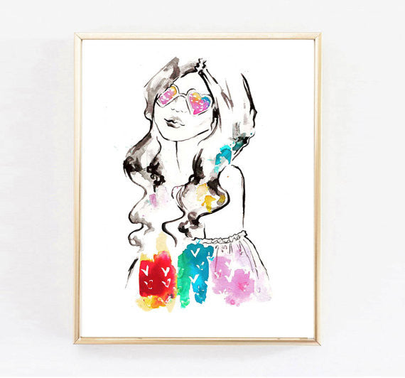 Rainbow Heart Sunglasses Fashion Girl Watercolor Art Print | Lacee Swan
