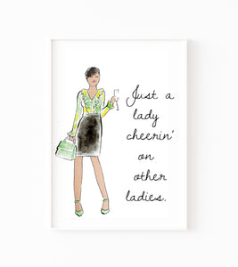 A Lady Cheering Other Ladies Watercolor Art Print