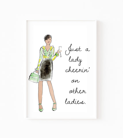 A Lady Cheering Other Ladies Watercolor Art Print